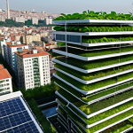 **

A vibrant aerial view of a modern, high-tech vertical farm in Istanbul. Lush green plants grow in stacked layers inside a glass building. Solar panels gleam on the roof, and a Turkish cityscape stretches out in the background. Focus on conveying sustainability and urban agriculture.

**