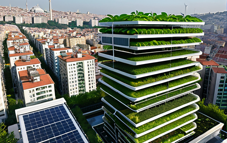 **
A vibrant aerial view of a modern, high-tech vertical farm in Istanbul. Lush green plants grow in stacked layers inside a glass building. Solar panels gleam on the roof, and a Turkish cityscape stretches out in the background. Focus on conveying sustainability and urban agriculture.
**