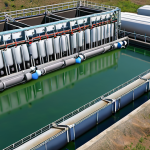 ** A modern wastewater treatment plant with advanced filtration systems (possibly using nanotechnology). Depict the plant operating efficiently, meeting Turkish environmental regulations, and with a focus on clean water discharge.

**