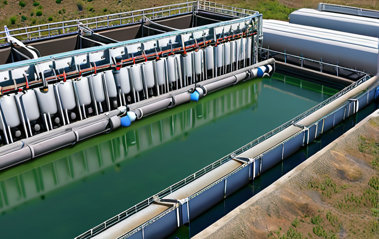** A modern wastewater treatment plant with advanced filtration systems (possibly using nanotechnology). Depict the plant operating efficiently, meeting Turkish environmental regulations, and with a focus on clean water discharge.
**
